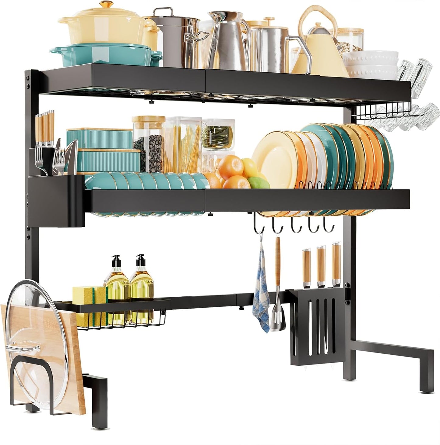 Over The Sink Dish Drying Rack, Expandable 2-Tier Stainless Steel Kitchen Storage Organization Accessories for Countertop, Rustproof & Space-Saving, 30"–34.5" L x 12" W x 25" H, Black