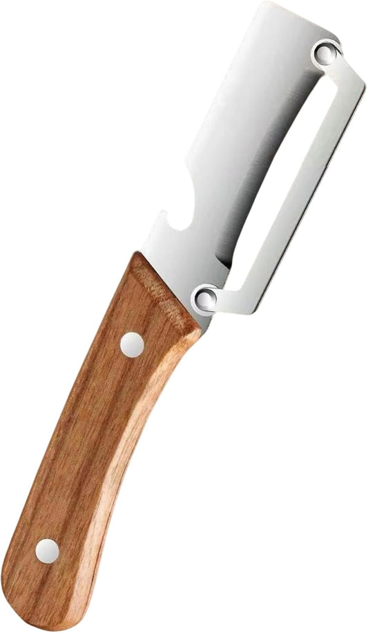 Multi-Functional Vegetable Peeler with Wooden Handle - Stainless Steel Blade Fruit Peeler & Bottle Opener Kitchen Gadget for Potato, Carrot, Pineapple (1 Pack)