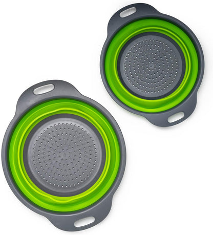 Set of 2 Collapsible Colander made of Silicone, Food-Grade, Perfect for Draining Pasta, Vegetables and Fruits (Green)