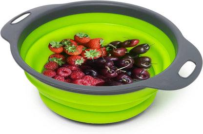 Set of 2 Collapsible Colander made of Silicone, Food-Grade, Perfect for Draining Pasta, Vegetables and Fruits (Green)