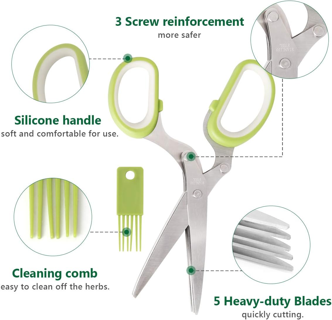 Luxiv Herb Scissors And Stripper Set, 5-Blade Stainless Steel Kitchen Tools | 2in1 Tools 5-Blade Herb Scissors, 9-Hole Stripper, Food-grade Material For Cutting Herb, Kale, Basil And Rosemary, Easy Clean