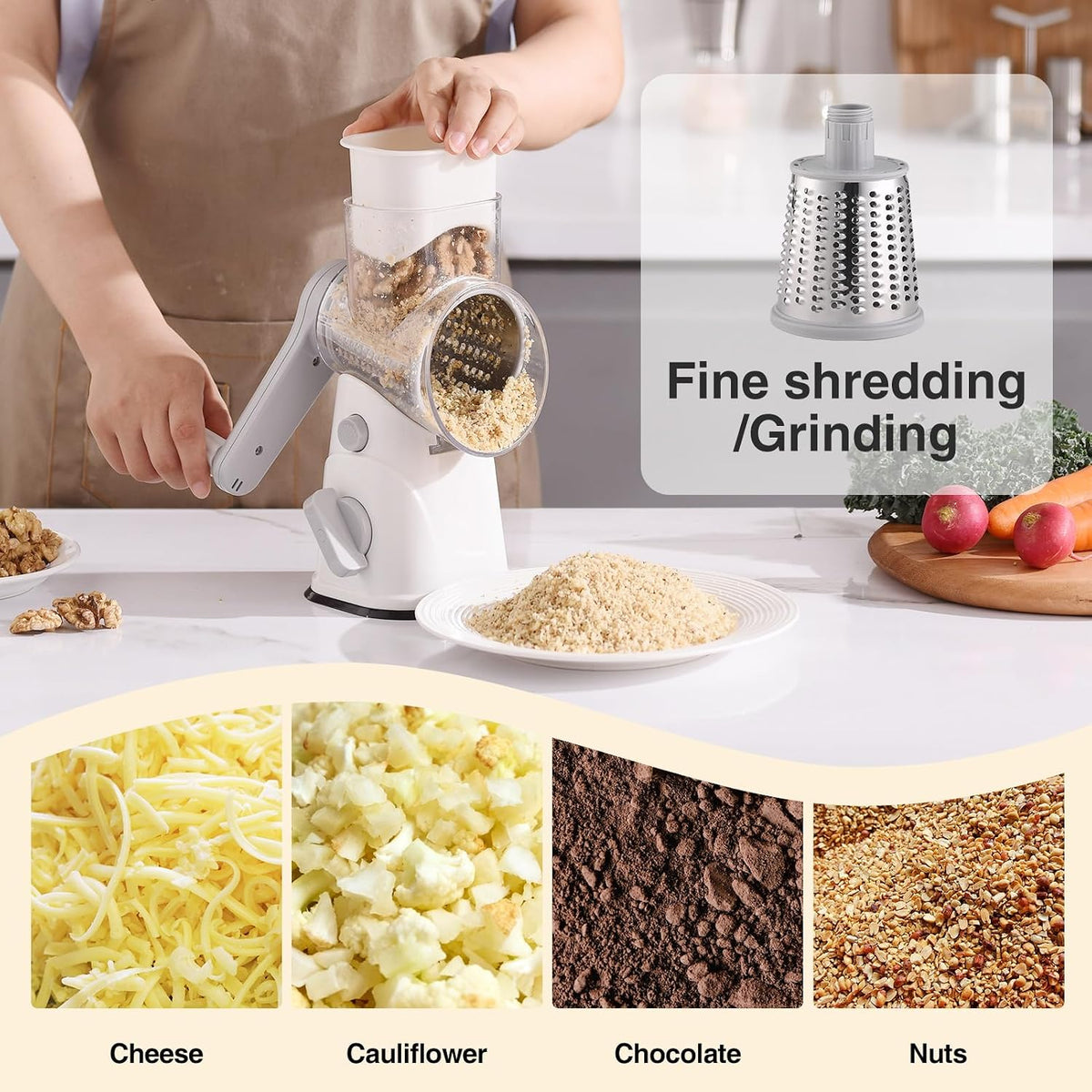 Rotary Cheese Grater Hand Crank, Kitchen Mandolin Vegetable Cheese Shredder with 3 Interchangeable Blades,Easy Clean Rotary Grater with Handle,Kitchen Grater Grinder for Cutting Cheese,Vegetable Nuts