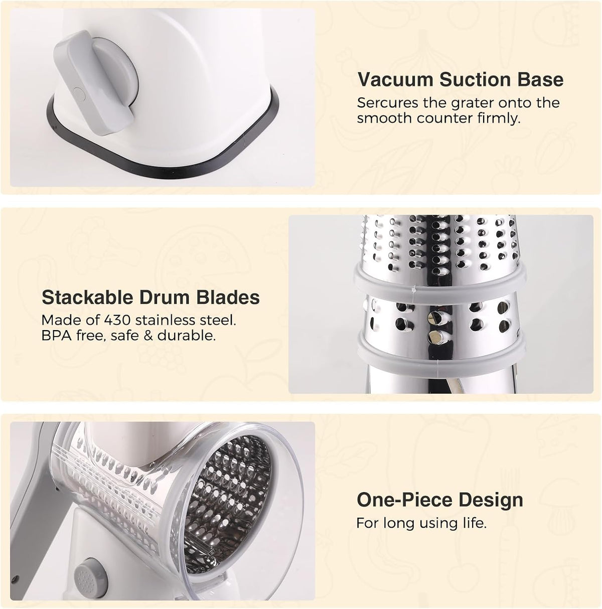 Rotary Cheese Grater Hand Crank, Kitchen Mandolin Vegetable Cheese Shredder with 3 Interchangeable Blades,Easy Clean Rotary Grater with Handle,Kitchen Grater Grinder for Cutting Cheese,Vegetable Nuts