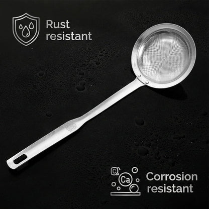 Hot Pot Fat Skimmer Spoon Extra Fine Strainer With Handle Fine Mesh Stainless Steel Colander Broth Foam Filter Ladle Food Strainer Kitchen Gadget for Skimming Grease Baking Oil Flour Sifter