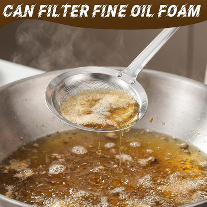 Hot Pot Fat Skimmer Spoon Extra Fine Strainer With Handle Fine Mesh Stainless Steel Colander Broth Foam Filter Ladle Food Strainer Kitchen Gadget for Skimming Grease Baking Oil Flour Sifter