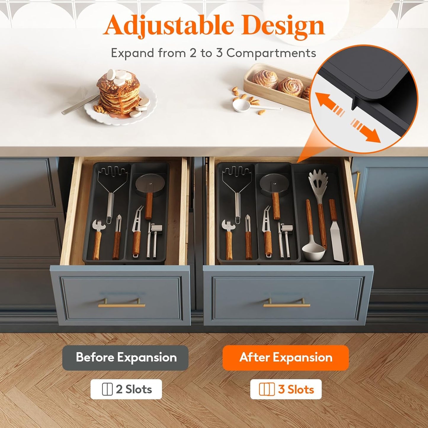 Utensil Organizer for Kitchen Drawer, Expandable Cooking Silverware Tray, Adjustable Cutlery Flatware Holder, Plastic Spatula Tools Storage Divider, 14.4 x 15.8", Black