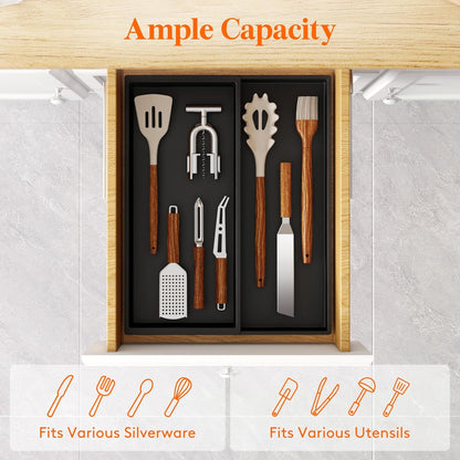 Utensil Organizer for Kitchen Drawer, Expandable Cooking Silverware Tray, Adjustable Cutlery Flatware Holder, Plastic Spatula Tools Storage Divider, 14.4 x 15.8", Black