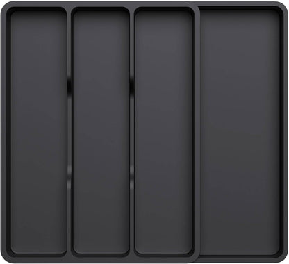 Utensil Organizer for Kitchen Drawer, Expandable Cooking Silverware Tray, Adjustable Cutlery Flatware Holder, Plastic Spatula Tools Storage Divider, 14.4 x 15.8", Black
