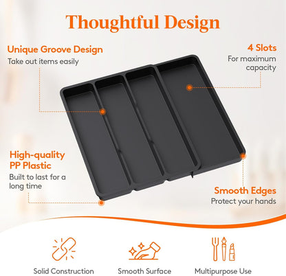 Utensil Organizer for Kitchen Drawer, Expandable Cooking Silverware Tray, Adjustable Cutlery Flatware Holder, Plastic Spatula Tools Storage Divider, 14.4 x 15.8", Black
