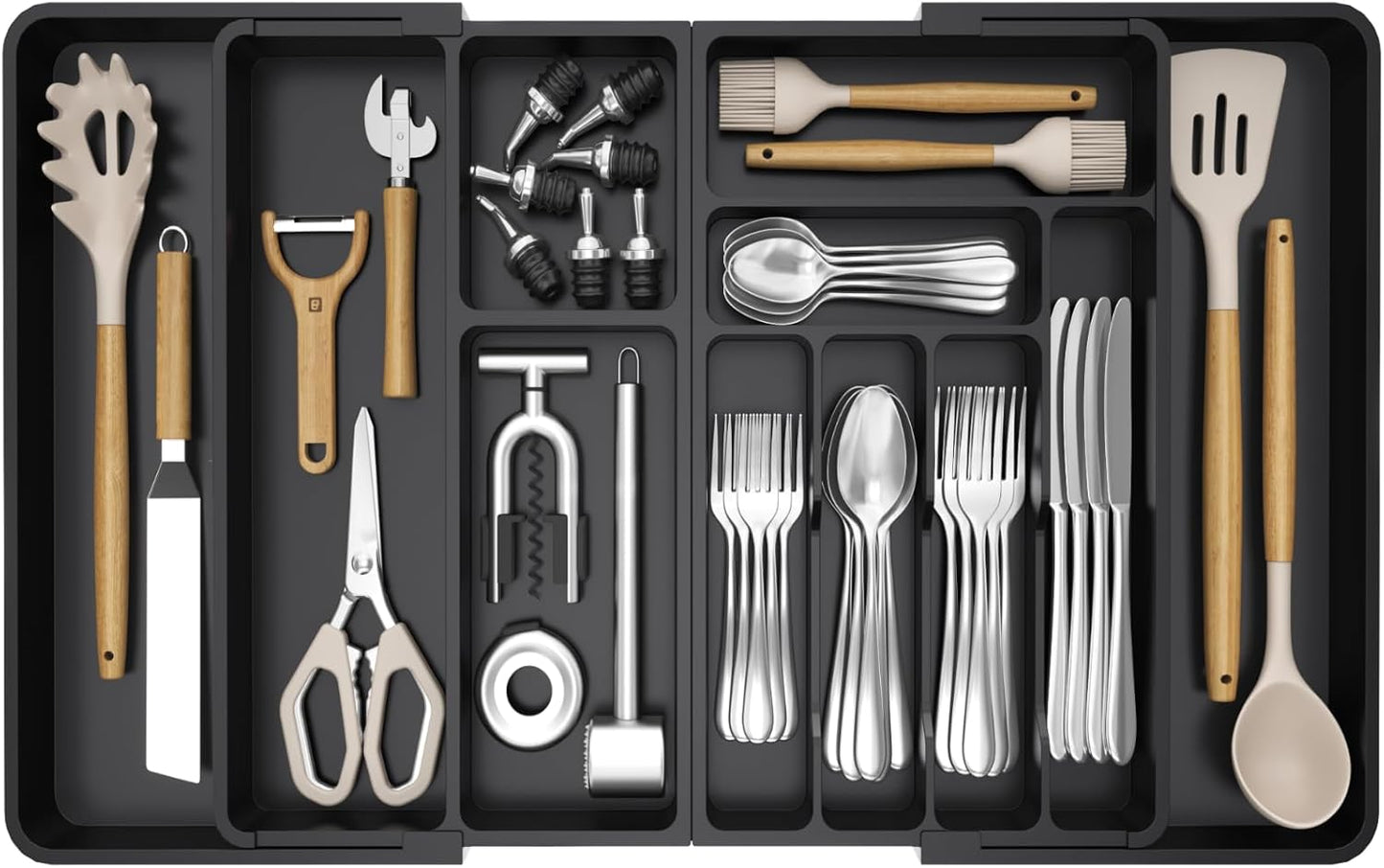 Utensil Organizer for Kitchen Drawer, Expandable Cooking Silverware Tray, Adjustable Cutlery Flatware Holder, Plastic Spatula Tools Storage Divider, 14.4 x 15.8", Black