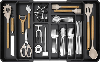 Utensil Organizer for Kitchen Drawer, Expandable Cooking Silverware Tray, Adjustable Cutlery Flatware Holder, Plastic Spatula Tools Storage Divider, 14.4 x 15.8", Black