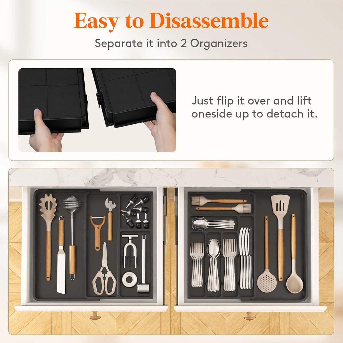 Utensil Organizer for Kitchen Drawer, Expandable Cooking Silverware Tray, Adjustable Cutlery Flatware Holder, Plastic Spatula Tools Storage Divider, 14.4 x 15.8", Black