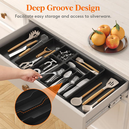 Utensil Organizer for Kitchen Drawer, Expandable Cooking Silverware Tray, Adjustable Cutlery Flatware Holder, Plastic Spatula Tools Storage Divider, 14.4 x 15.8", Black