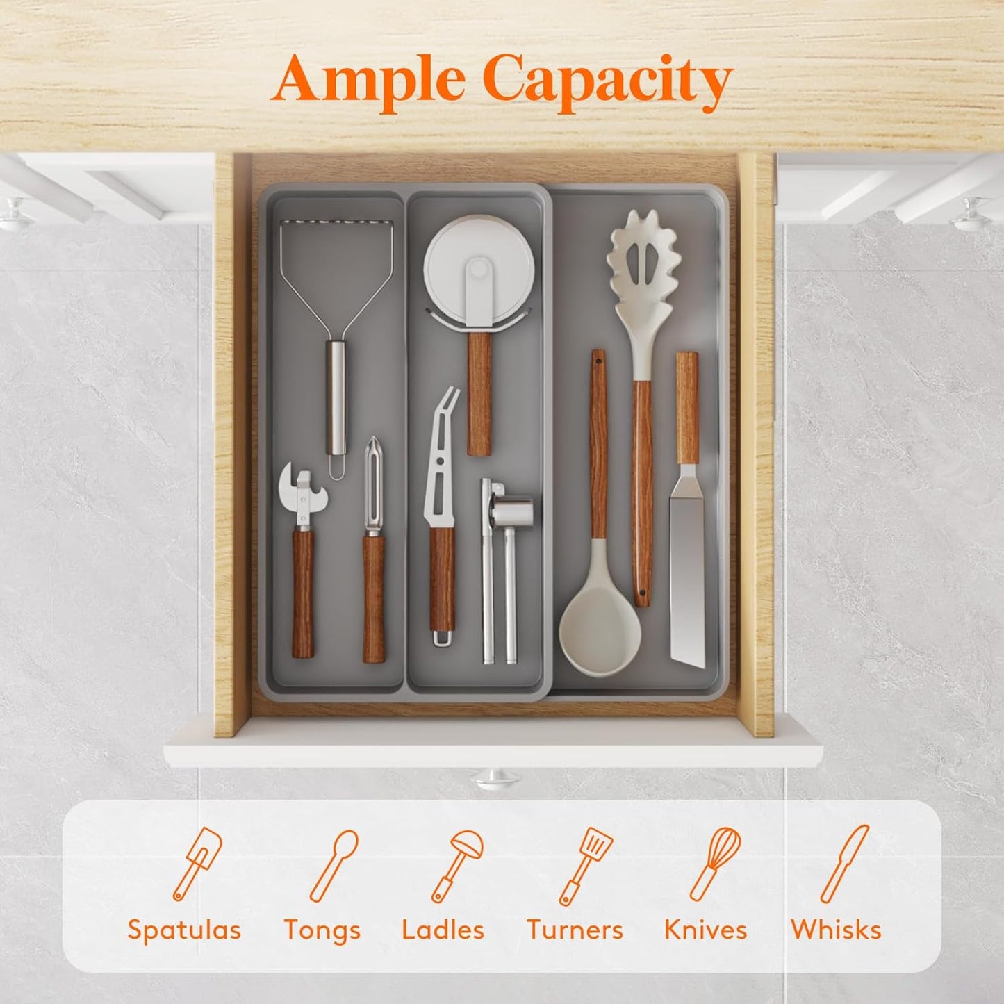Utensil Organizer for Kitchen Drawer, Expandable Cooking Silverware Tray, Adjustable Cutlery Flatware Holder, Plastic Spatula Tools Storage Divider, 14.4 x 15.8", Black