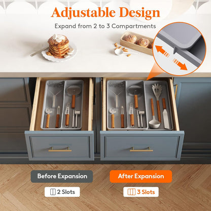 Utensil Organizer for Kitchen Drawer, Expandable Cooking Silverware Tray, Adjustable Cutlery Flatware Holder, Plastic Spatula Tools Storage Divider, 14.4 x 15.8", Black
