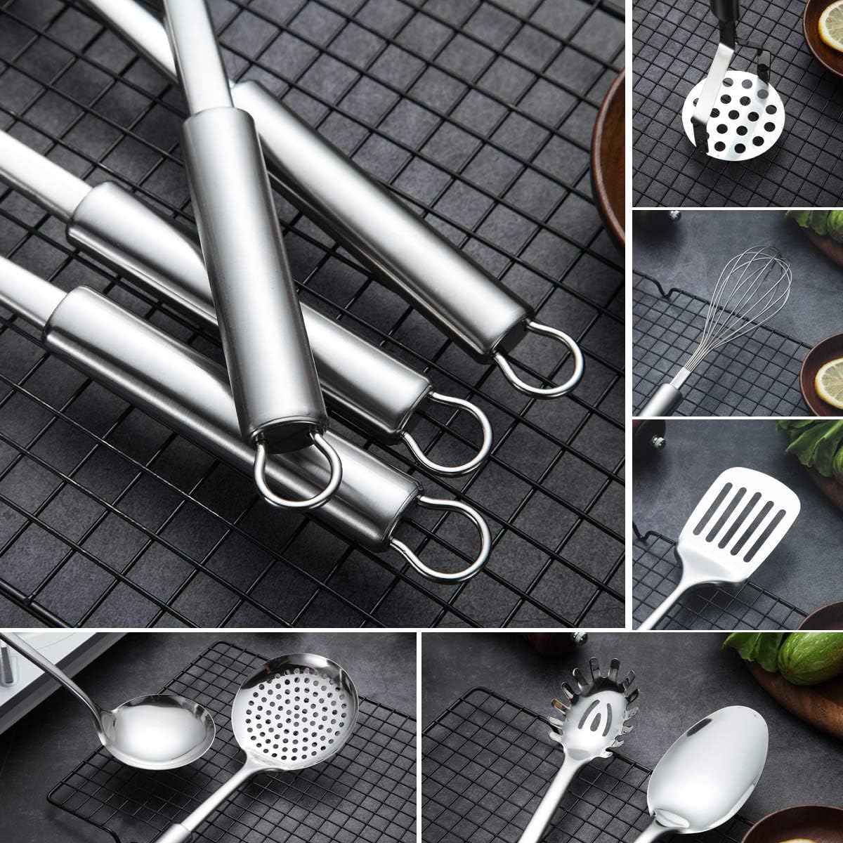 Cooking Utensil Set 8 Piece, Stainless Steel Kitchen Tool Set with Stand,Cooking Utensils, Slotted Tuner, Ladle, Skimmer, Serving Spoon, Pasta Server,Potato Maseher, Egg Whisk. （8 Pieces）