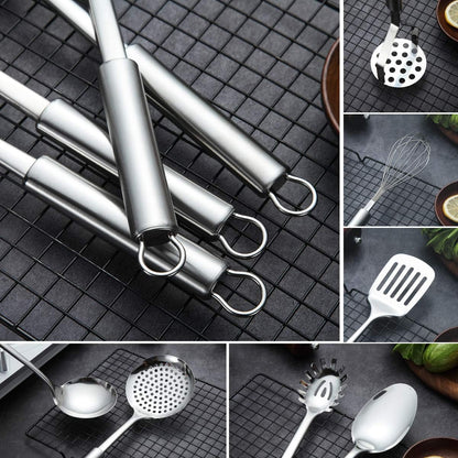 Cooking Utensil Set 8 Piece, Stainless Steel Kitchen Tool Set with Stand,Cooking Utensils, Slotted Tuner, Ladle, Skimmer, Serving Spoon, Pasta Server,Potato Maseher, Egg Whisk. （8 Pieces）