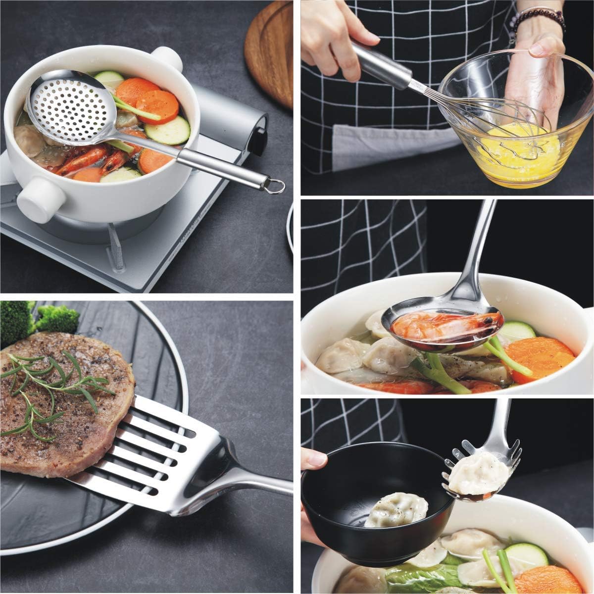 Cooking Utensil Set 8 Piece, Stainless Steel Kitchen Tool Set with Stand,Cooking Utensils, Slotted Tuner, Ladle, Skimmer, Serving Spoon, Pasta Server,Potato Maseher, Egg Whisk. （8 Pieces）