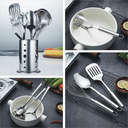 Cooking Utensil Set 8 Piece, Stainless Steel Kitchen Tool Set with Stand,Cooking Utensils, Slotted Tuner, Ladle, Skimmer, Serving Spoon, Pasta Server,Potato Maseher, Egg Whisk. （8 Pieces）