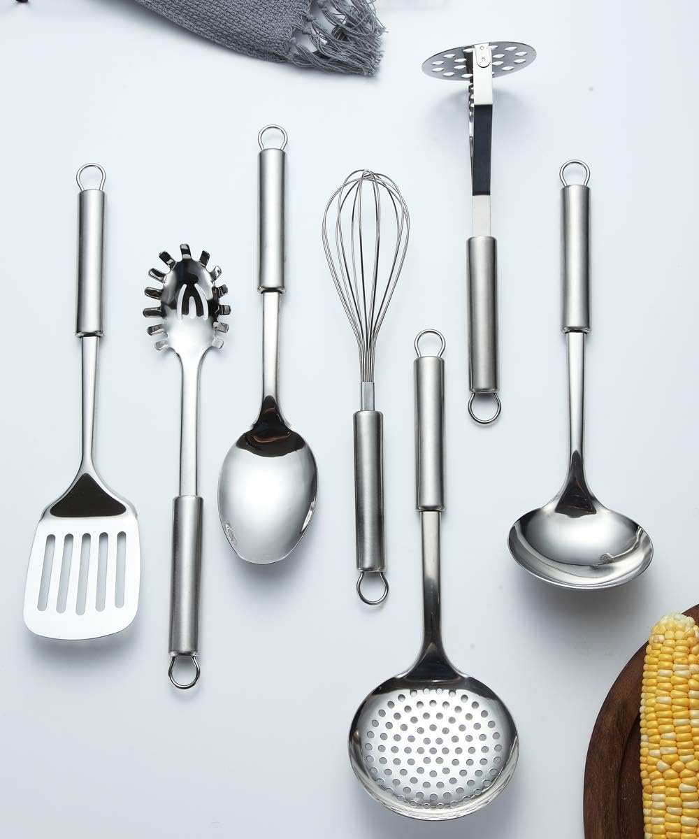 Cooking Utensil Set 8 Piece, Stainless Steel Kitchen Tool Set with Stand,Cooking Utensils, Slotted Tuner, Ladle, Skimmer, Serving Spoon, Pasta Server,Potato Maseher, Egg Whisk. （8 Pieces）