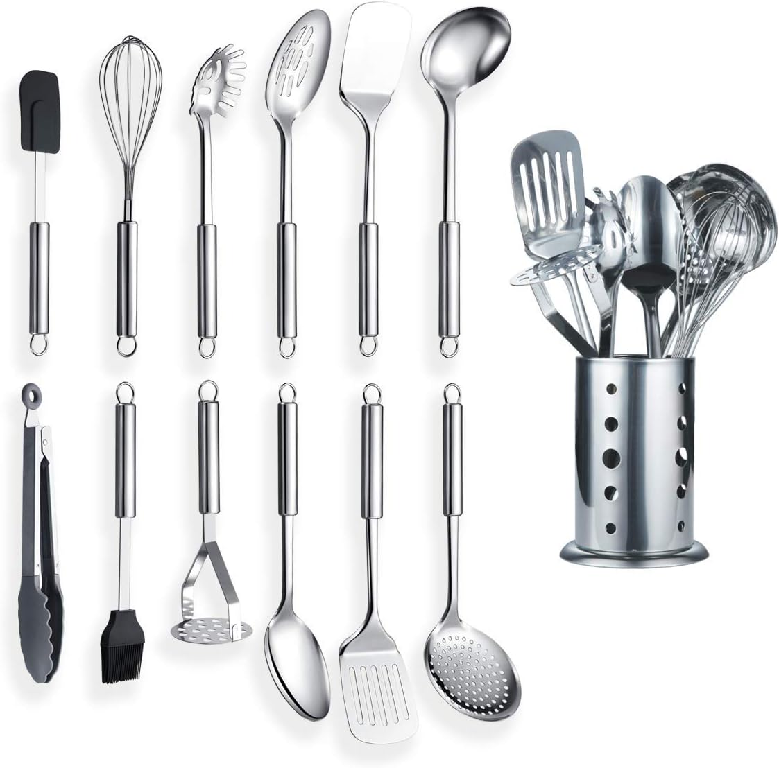 Cooking Utensil Set 8 Piece, Stainless Steel Kitchen Tool Set with Stand,Cooking Utensils, Slotted Tuner, Ladle, Skimmer, Serving Spoon, Pasta Server,Potato Maseher, Egg Whisk. （8 Pieces）