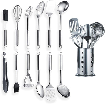 Cooking Utensil Set 8 Piece, Stainless Steel Kitchen Tool Set with Stand,Cooking Utensils, Slotted Tuner, Ladle, Skimmer, Serving Spoon, Pasta Server,Potato Maseher, Egg Whisk. （8 Pieces）