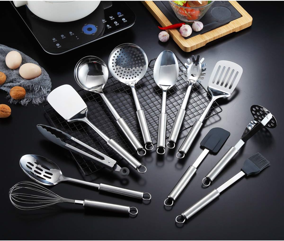 Cooking Utensil Set 8 Piece, Stainless Steel Kitchen Tool Set with Stand,Cooking Utensils, Slotted Tuner, Ladle, Skimmer, Serving Spoon, Pasta Server,Potato Maseher, Egg Whisk. （8 Pieces）