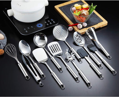 Cooking Utensil Set 8 Piece, Stainless Steel Kitchen Tool Set with Stand,Cooking Utensils, Slotted Tuner, Ladle, Skimmer, Serving Spoon, Pasta Server,Potato Maseher, Egg Whisk. （8 Pieces）