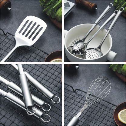 Cooking Utensil Set 8 Piece, Stainless Steel Kitchen Tool Set with Stand,Cooking Utensils, Slotted Tuner, Ladle, Skimmer, Serving Spoon, Pasta Server,Potato Maseher, Egg Whisk. （8 Pieces）
