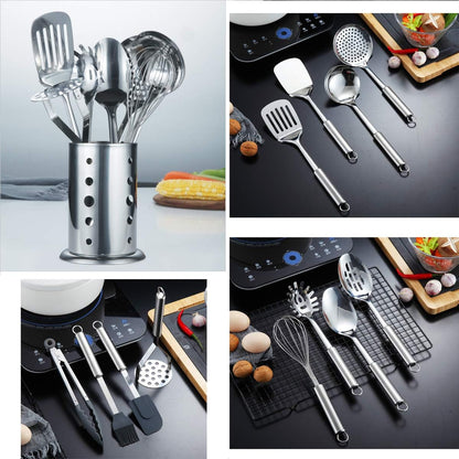 Cooking Utensil Set 8 Piece, Stainless Steel Kitchen Tool Set with Stand,Cooking Utensils, Slotted Tuner, Ladle, Skimmer, Serving Spoon, Pasta Server,Potato Maseher, Egg Whisk. （8 Pieces）