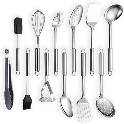 Cooking Utensil Set 8 Piece, Stainless Steel Kitchen Tool Set with Stand,Cooking Utensils, Slotted Tuner, Ladle, Skimmer, Serving Spoon, Pasta Server,Potato Maseher, Egg Whisk. （8 Pieces）