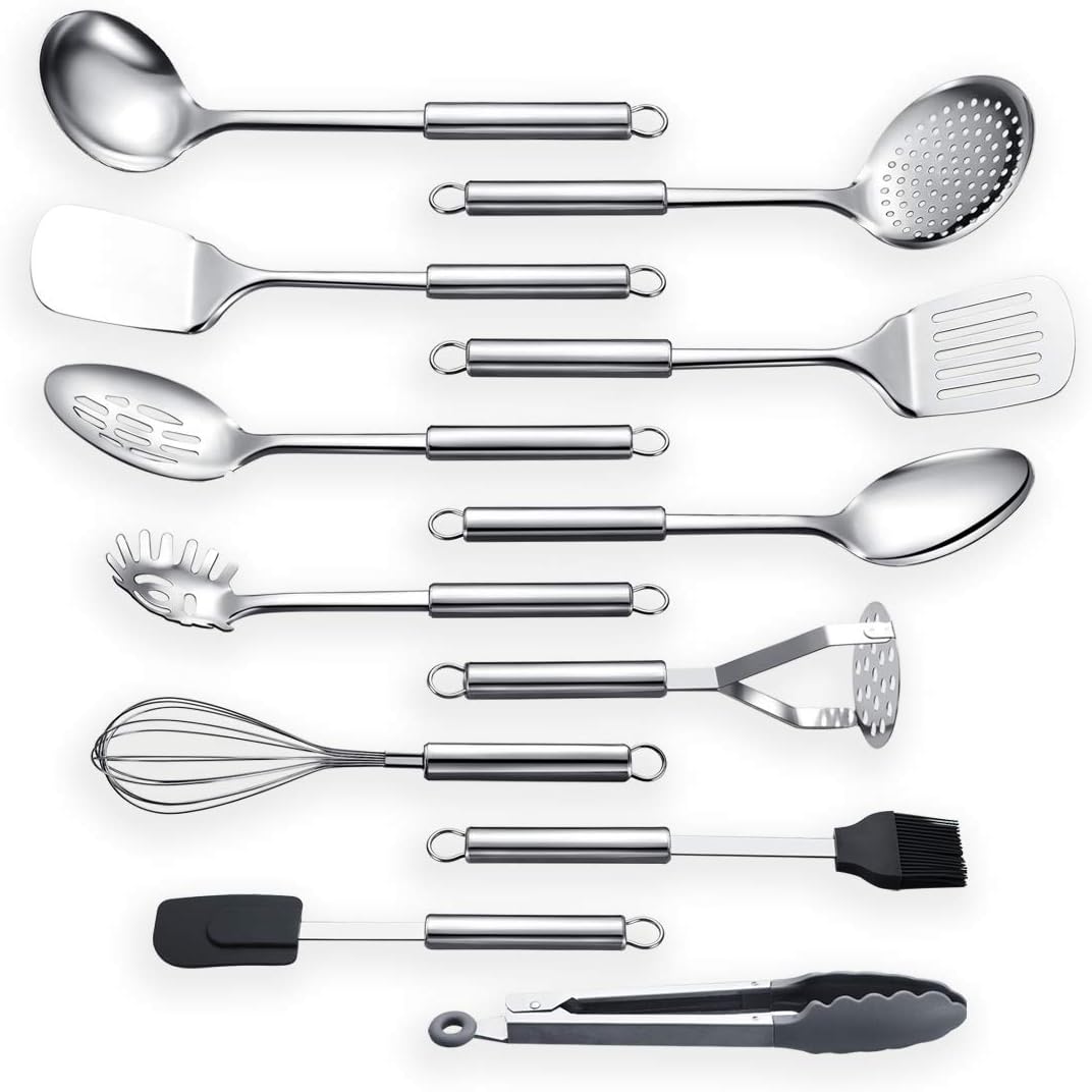 Cooking Utensil Set 8 Piece, Stainless Steel Kitchen Tool Set with Stand,Cooking Utensils, Slotted Tuner, Ladle, Skimmer, Serving Spoon, Pasta Server,Potato Maseher, Egg Whisk. （8 Pieces）