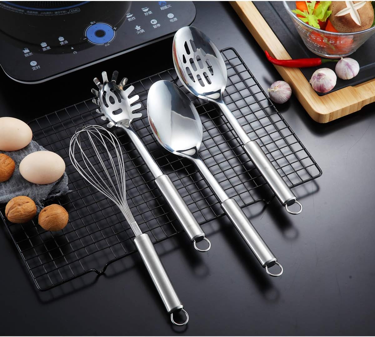 Cooking Utensil Set 8 Piece, Stainless Steel Kitchen Tool Set with Stand,Cooking Utensils, Slotted Tuner, Ladle, Skimmer, Serving Spoon, Pasta Server,Potato Maseher, Egg Whisk. （8 Pieces）