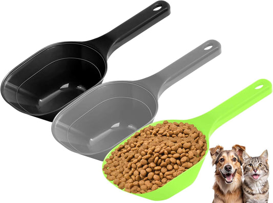3PACK Dog-Cat Food-Scoop Measuring-Cup,1 Cup Capacity Versatile Plastic Pet Food Scoop with Measuring Lines 1 Cup and 1/2 Cup for Precise Portion Control (Black, Grey and Green)