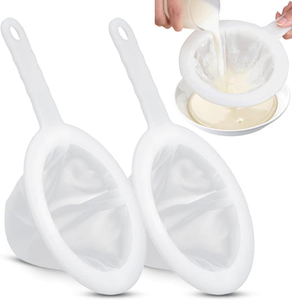 2 Pcs Nylon Mesh Strainers 100 400 Kitchen Sieve With Handle White | BPA-Free Food-Grade PP Nylon, 5.7" Fits Most Pots, Odorless Sturdy Daily Use, Flip Mesh Rinse Clean, Hanging Hole Storage