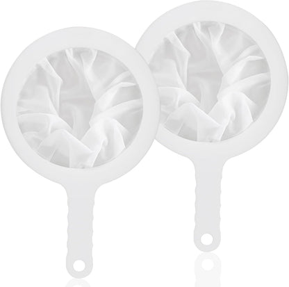 2 Pcs Nylon Mesh Strainers 100 400 Kitchen Sieve With Handle White | BPA-Free Food-Grade PP Nylon, 5.7" Fits Most Pots, Odorless Sturdy Daily Use, Flip Mesh Rinse Clean, Hanging Hole Storage