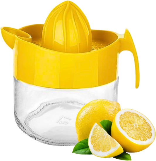 Glass Lemon Juicer, Small Grapefruit and Citrus Juicer, Extractor Manual Hand with Handle and Pour Spout, BPA Free and Lead-Free Heavyweight Crystal Clear Glass 10.1oz (Yellow)