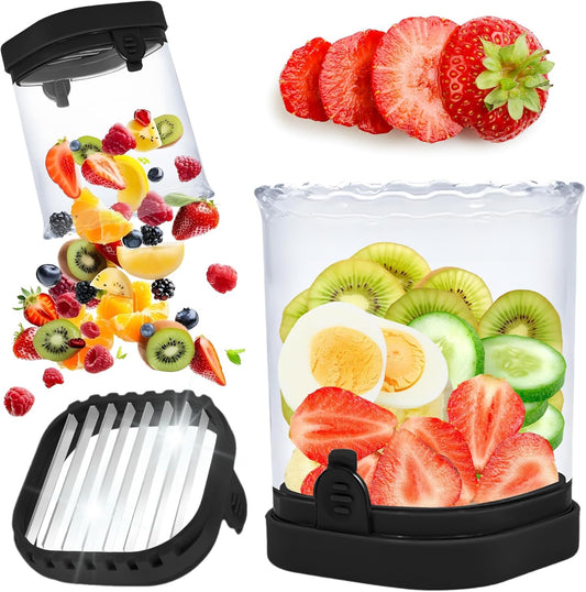 Strawberry Slicer Cup with Push Plate, Fruit Cutter Kitchen Gadget for Egg, Kiwi, Banana, Cucumber, Easy Fruit & Vegetable Slicer, Strawberry Cutter Tool for Quick Safe Cutting (Black)