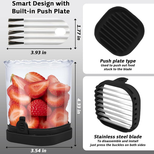 Strawberry Slicer Cup with Push Plate, Fruit Cutter Kitchen Gadget for Egg, Kiwi, Banana, Cucumber, Easy Fruit & Vegetable Slicer, Strawberry Cutter Tool for Quick Safe Cutting (Black)