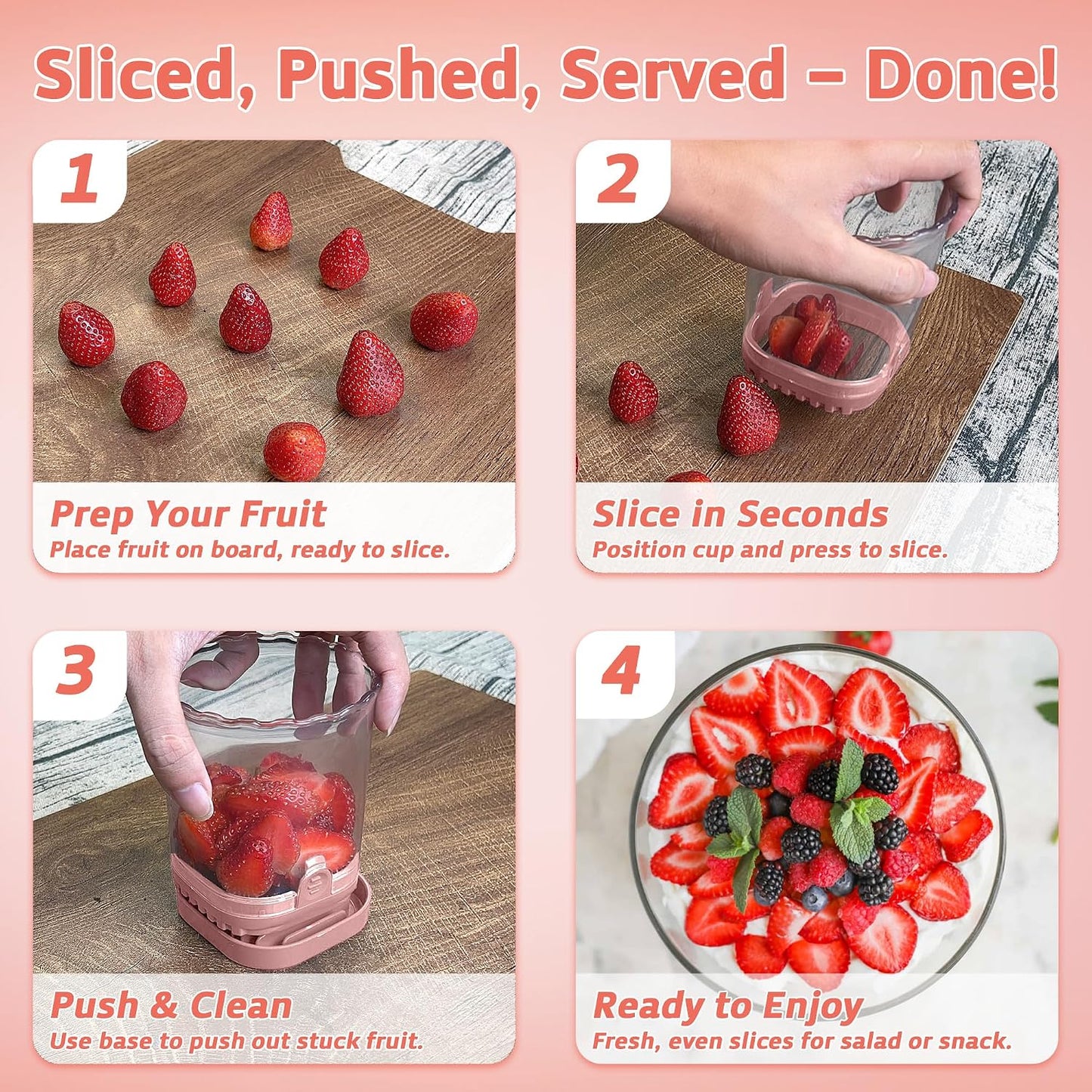 Strawberry Slicer Cup with Push Plate, Fruit Cutter Kitchen Gadget for Egg, Kiwi, Banana, Cucumber, Easy Fruit & Vegetable Slicer, Strawberry Cutter Tool for Quick Safe Cutting (Black)