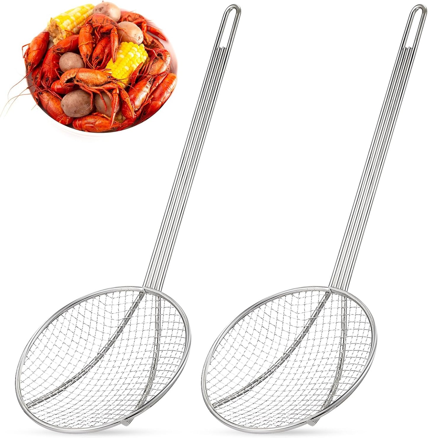 2 Pcs 16 Inch Stainless Steel Skimmer Round Plated Wire Strainer Fryer Spoon Mesh Stirring with Long Handle for Kitchen Fried Food Cooking Straining Frying