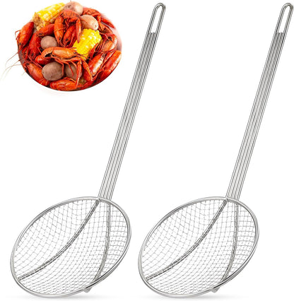 2 Pcs 16 Inch Stainless Steel Skimmer Round Plated Wire Strainer Fryer Spoon Mesh Stirring with Long Handle for Kitchen Fried Food Cooking Straining Frying