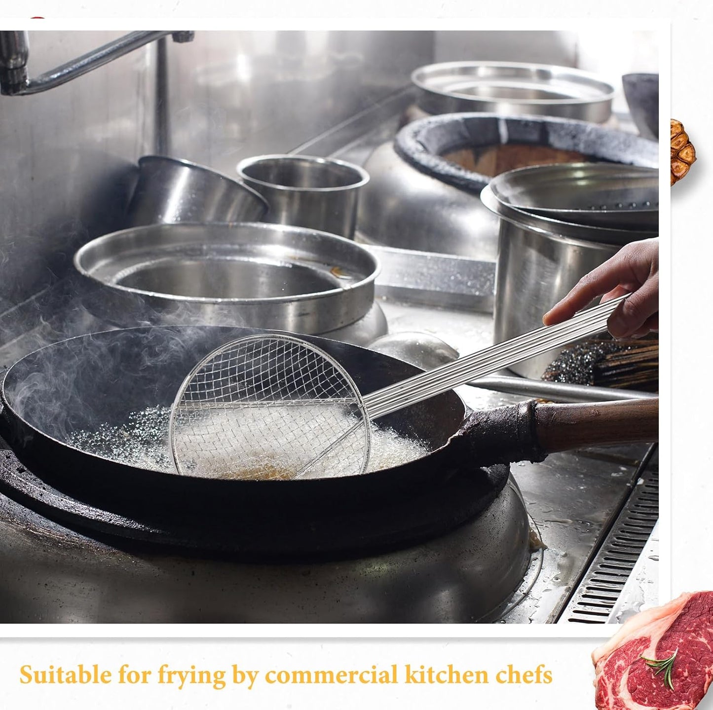 2 Pcs 16 Inch Stainless Steel Skimmer Round Plated Wire Strainer Fryer Spoon Mesh Stirring with Long Handle for Kitchen Fried Food Cooking Straining Frying