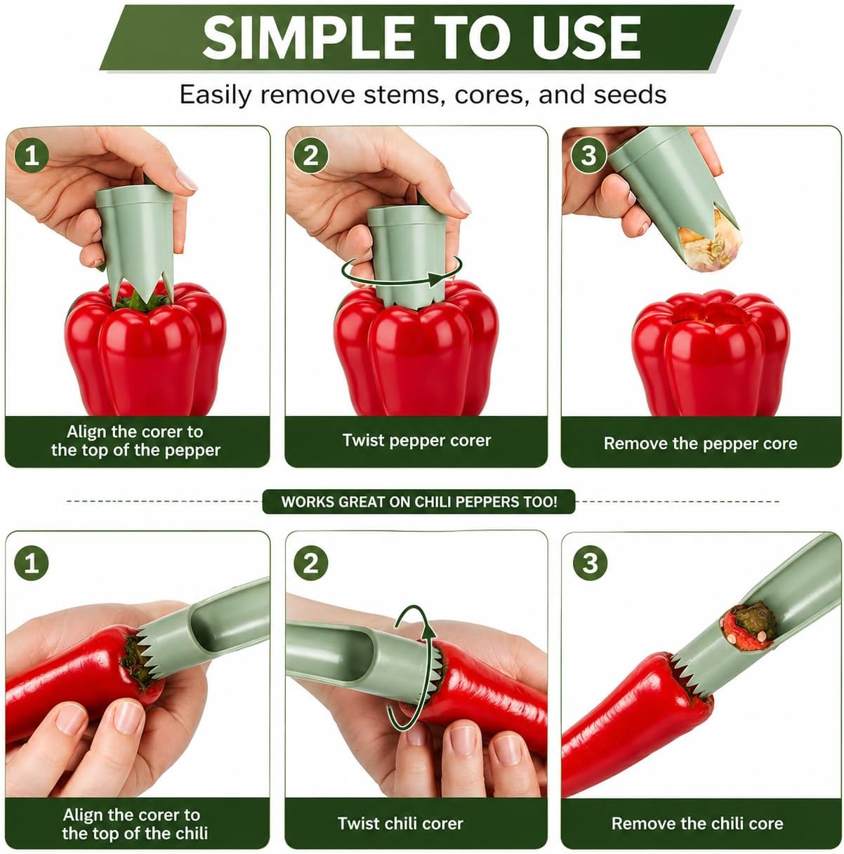 Jalapeno Corer Tool, 2-in-1 Pepper Corer & Jalapeno Seed Remover, Pepper Deseeder for Jalapeno Poppers, Bell Peppers & Chili Peppers, Easy Kitchen Prep Tool