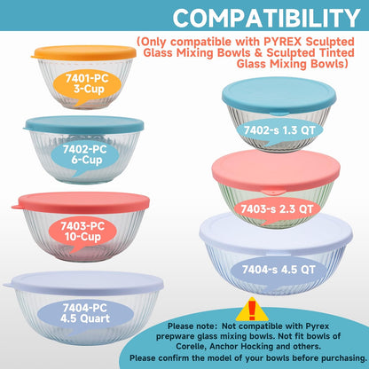 Silicone Lids for Pyrex Sculpted Glass Mixing Bowls - Assorted Sizes Fit with 7401-S 3-cup, 7402-S 6-cup, 7403-S 10-cup, & 7404-S 4.5-Quart, Dishwasher & Microwave Safe (Lids Only)
