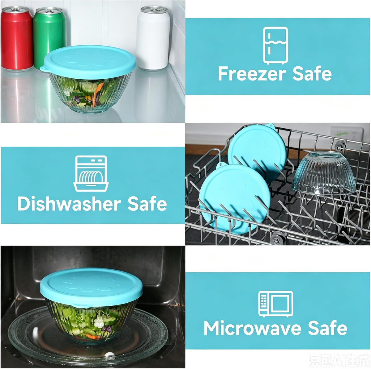 Silicone Lids for Pyrex Sculpted Glass Mixing Bowls - Assorted Sizes Fit with 7401-S 3-cup, 7402-S 6-cup, 7403-S 10-cup, & 7404-S 4.5-Quart, Dishwasher & Microwave Safe (Lids Only)