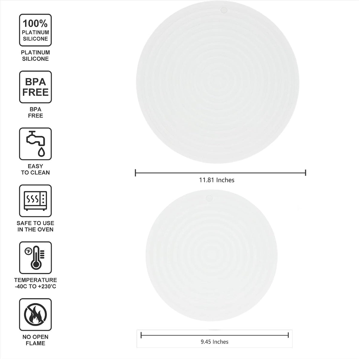 Silicone Trivets Mats for Pots and Pans, Heat Resistant Pot Holders, Flexible Hot Pads for Kitchen Table, Non Slip Mats, Dia11.81 and 9.45 Inches Big Round Microwave Mats Pack 3 White