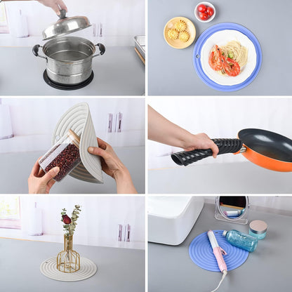 Silicone Trivets Mats for Pots and Pans, Heat Resistant Pot Holders, Flexible Hot Pads for Kitchen Table, Non Slip Mats, Dia11.81 and 9.45 Inches Big Round Microwave Mats Pack 3 White