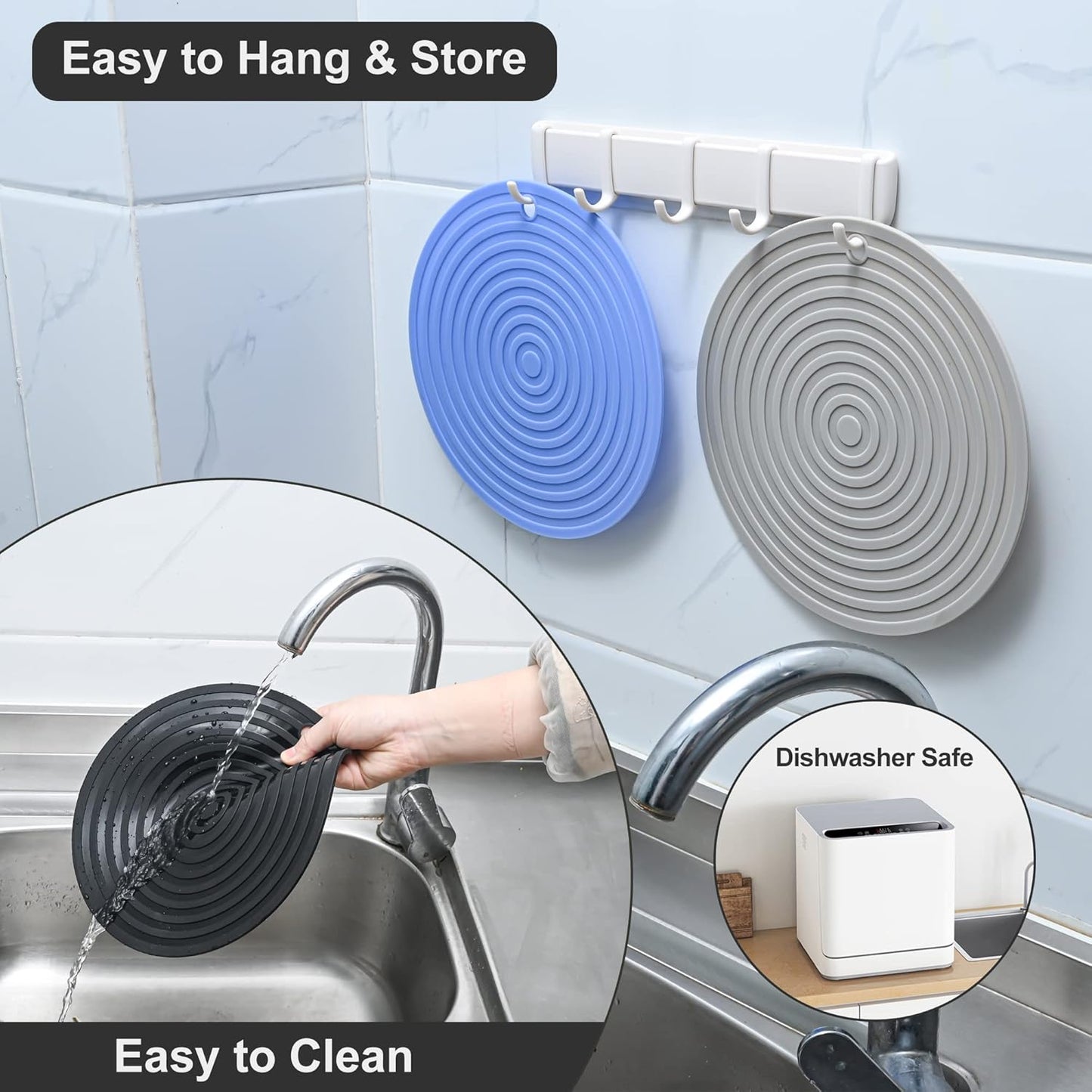 Silicone Trivets Mats for Pots and Pans, Heat Resistant Pot Holders, Flexible Hot Pads for Kitchen Table, Non Slip Mats, Dia11.81 and 9.45 Inches Big Round Microwave Mats Pack 3 White