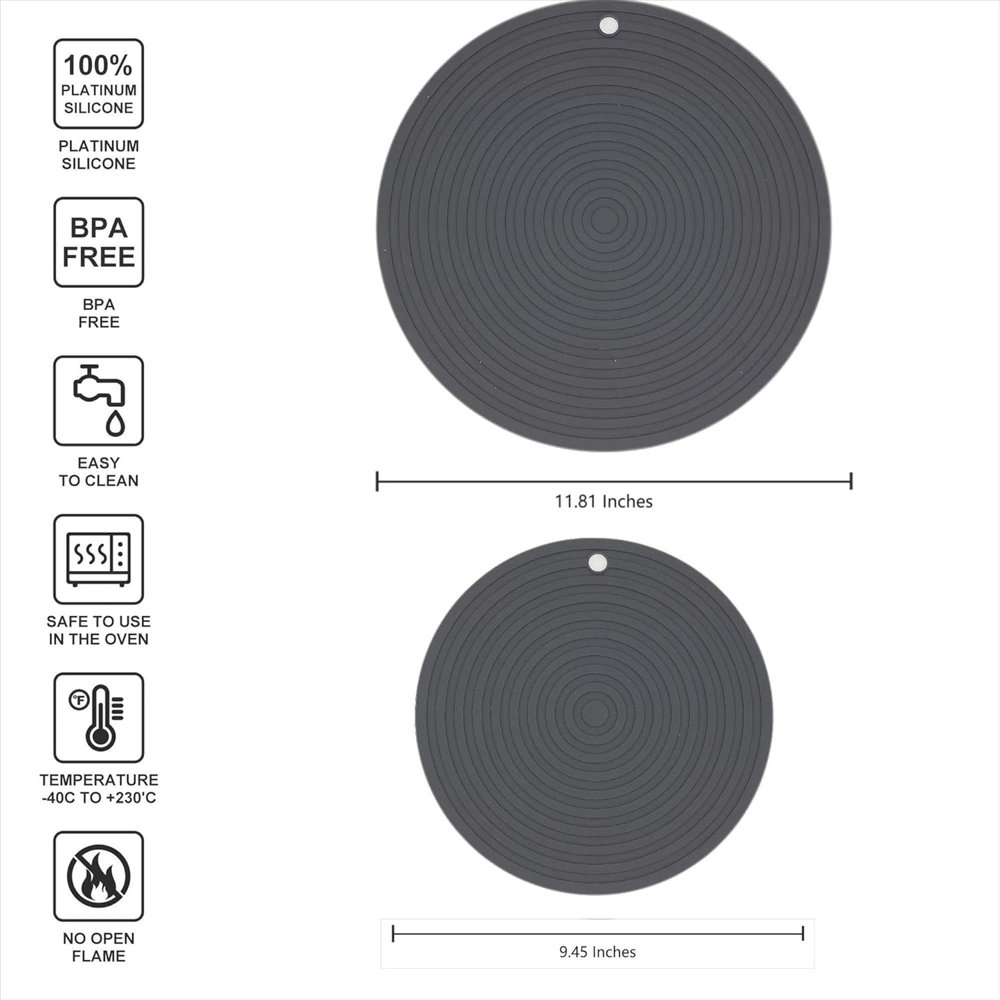 Silicone Trivets Mats for Pots and Pans, Heat Resistant Pot Holders, Flexible Hot Pads for Kitchen Table, Non Slip Mats, Dia11.81 and 9.45 Inches Big Round Microwave Mats Pack 3 White